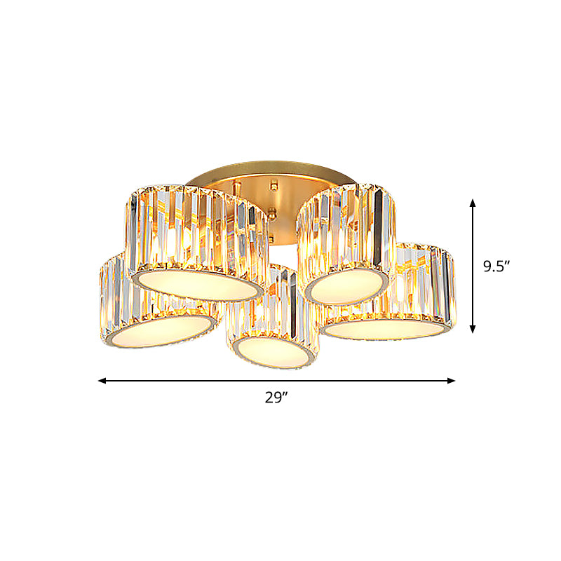 Post Modern Oval/Teardrop Semi Flush Lamp 5-Light Carved Crystal Ceiling Mounted Fixture in Gold Clearhalo 'Ceiling Lights' 'Close To Ceiling Lights' 'Close to ceiling' 'Semi-flushmount' Lighting' 915810