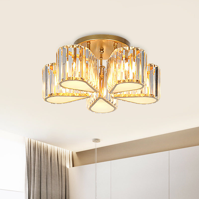 Post Modern Oval/Teardrop Semi Flush Lamp 5-Light Carved Crystal Ceiling Mounted Fixture in Gold Clearhalo 'Ceiling Lights' 'Close To Ceiling Lights' 'Close to ceiling' 'Semi-flushmount' Lighting' 915812