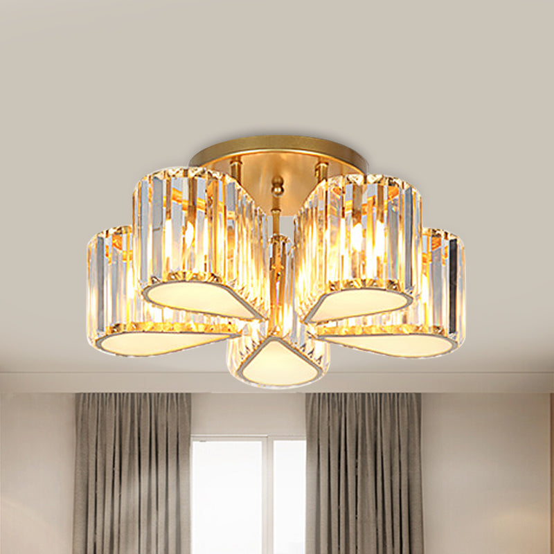 Post Modern Oval/Teardrop Semi Flush Lamp 5-Light Carved Crystal Ceiling Mounted Fixture in Gold Clearhalo 'Ceiling Lights' 'Close To Ceiling Lights' 'Close to ceiling' 'Semi-flushmount' Lighting' 915813