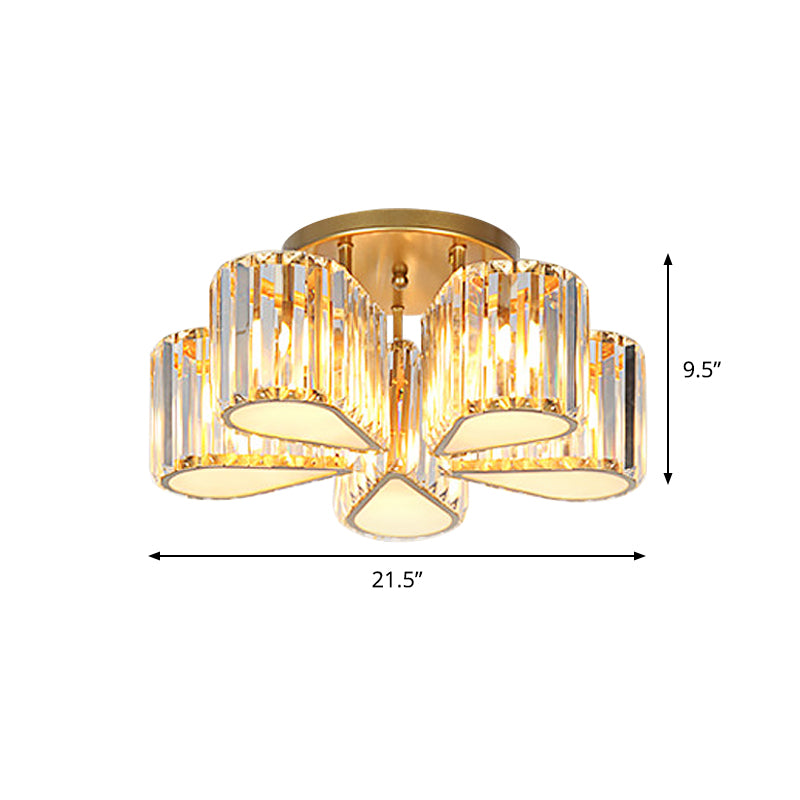 Post Modern Oval/Teardrop Semi Flush Lamp 5-Light Carved Crystal Ceiling Mounted Fixture in Gold Clearhalo 'Ceiling Lights' 'Close To Ceiling Lights' 'Close to ceiling' 'Semi-flushmount' Lighting' 915815