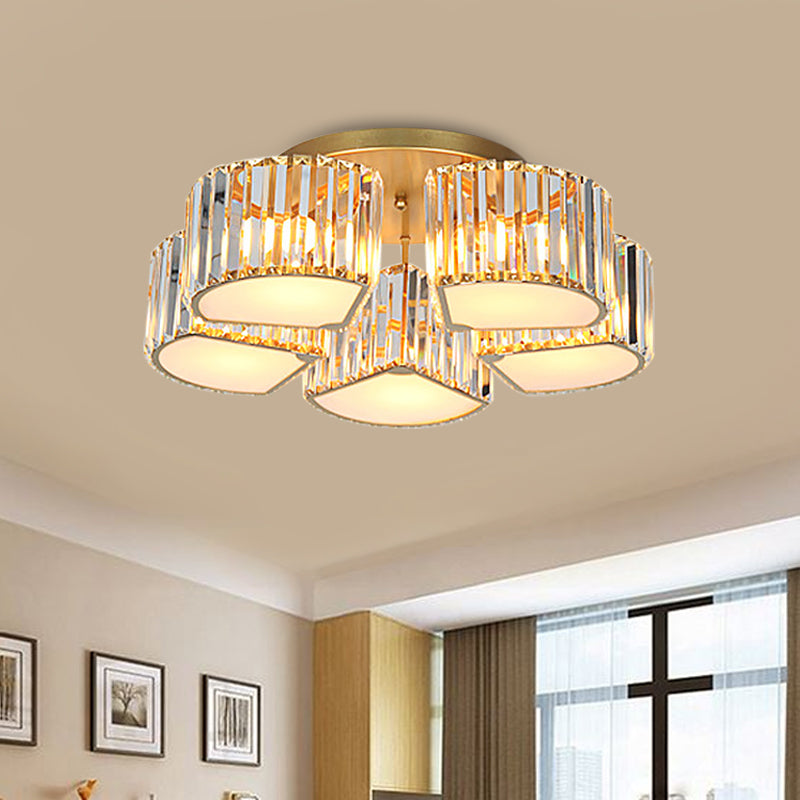 5/7-Head Semi Flush Mount Light with Shell/Square Shade Crystal Modernism Dining Room Ceiling Light Fixture in Gold 5 Gold Clearhalo 'Ceiling Lights' 'Close To Ceiling Lights' 'Close to ceiling' 'Semi-flushmount' Lighting' 915816