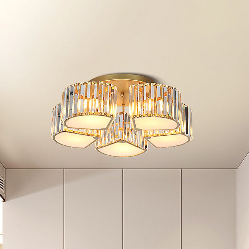 5/7-Head Semi Flush Mount Light with Shell/Square Shade Crystal Modernism Dining Room Ceiling Light Fixture in Gold Clearhalo 'Ceiling Lights' 'Close To Ceiling Lights' 'Close to ceiling' 'Semi-flushmount' Lighting' 915817