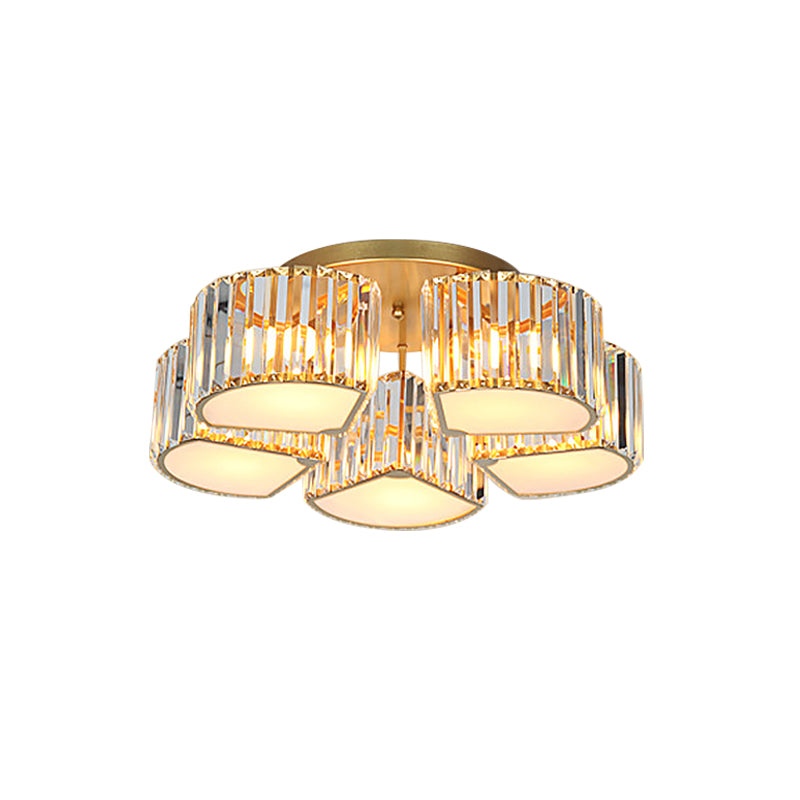 5/7-Head Semi Flush Mount Light with Shell/Square Shade Crystal Modernism Dining Room Ceiling Light Fixture in Gold Clearhalo 'Ceiling Lights' 'Close To Ceiling Lights' 'Close to ceiling' 'Semi-flushmount' Lighting' 915818