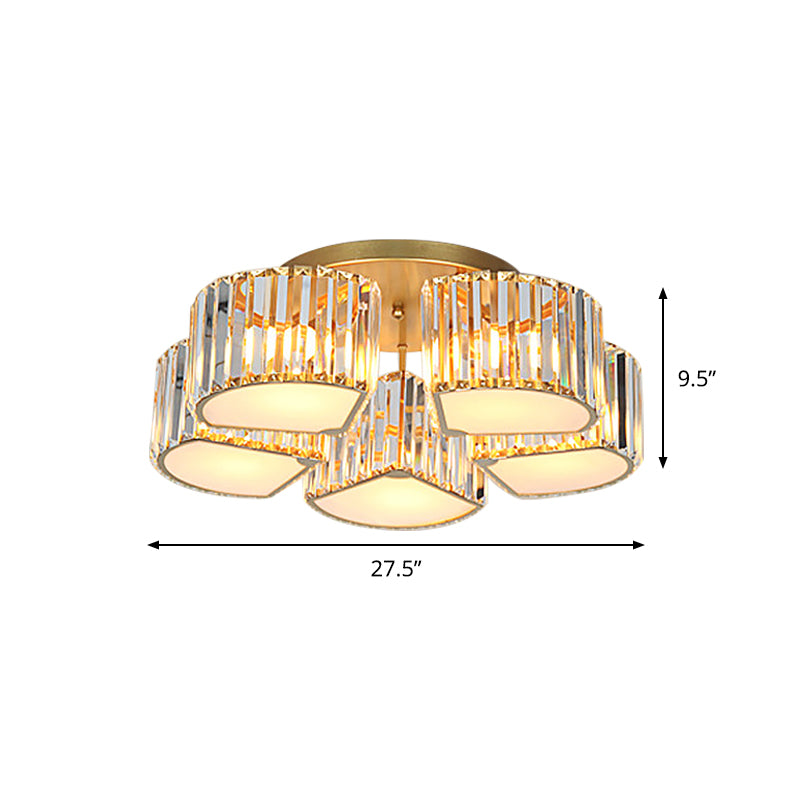 5/7-Head Semi Flush Mount Light with Shell/Square Shade Crystal Modernism Dining Room Ceiling Light Fixture in Gold Clearhalo 'Ceiling Lights' 'Close To Ceiling Lights' 'Close to ceiling' 'Semi-flushmount' Lighting' 915819