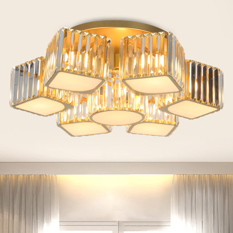 5/7-Head Semi Flush Mount Light with Shell/Square Shade Crystal Modernism Dining Room Ceiling Light Fixture in Gold 7 Gold Clearhalo 'Ceiling Lights' 'Close To Ceiling Lights' 'Close to ceiling' 'Semi-flushmount' Lighting' 915820