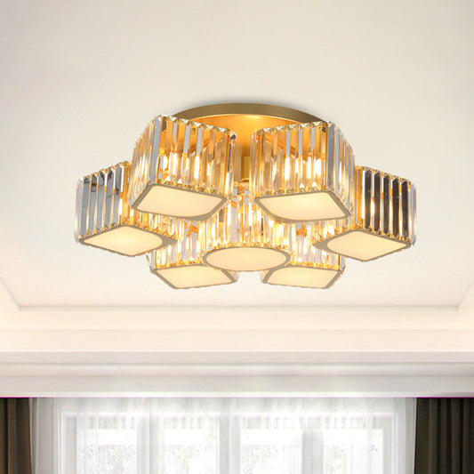 5/7-Head Semi Flush Mount Light with Shell/Square Shade Crystal Modernism Dining Room Ceiling Light Fixture in Gold Clearhalo 'Ceiling Lights' 'Close To Ceiling Lights' 'Close to ceiling' 'Semi-flushmount' Lighting' 915821