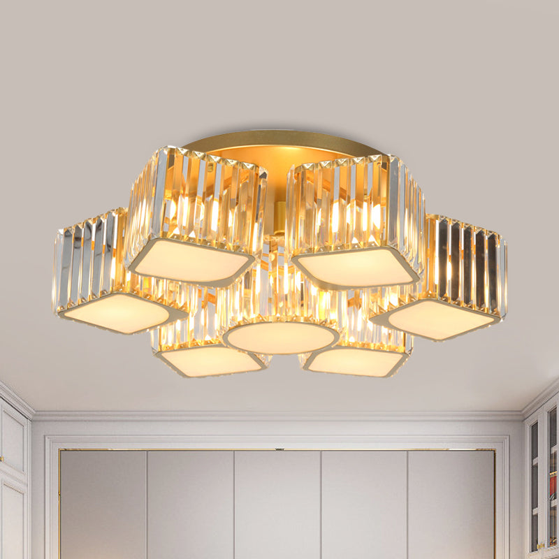 5/7-Head Semi Flush Mount Light with Shell/Square Shade Crystal Modernism Dining Room Ceiling Light Fixture in Gold Clearhalo 'Ceiling Lights' 'Close To Ceiling Lights' 'Close to ceiling' 'Semi-flushmount' Lighting' 915822