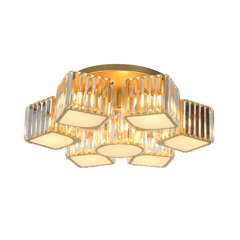 5/7-Head Semi Flush Mount Light with Shell/Square Shade Crystal Modernism Dining Room Ceiling Light Fixture in Gold Clearhalo 'Ceiling Lights' 'Close To Ceiling Lights' 'Close to ceiling' 'Semi-flushmount' Lighting' 915823