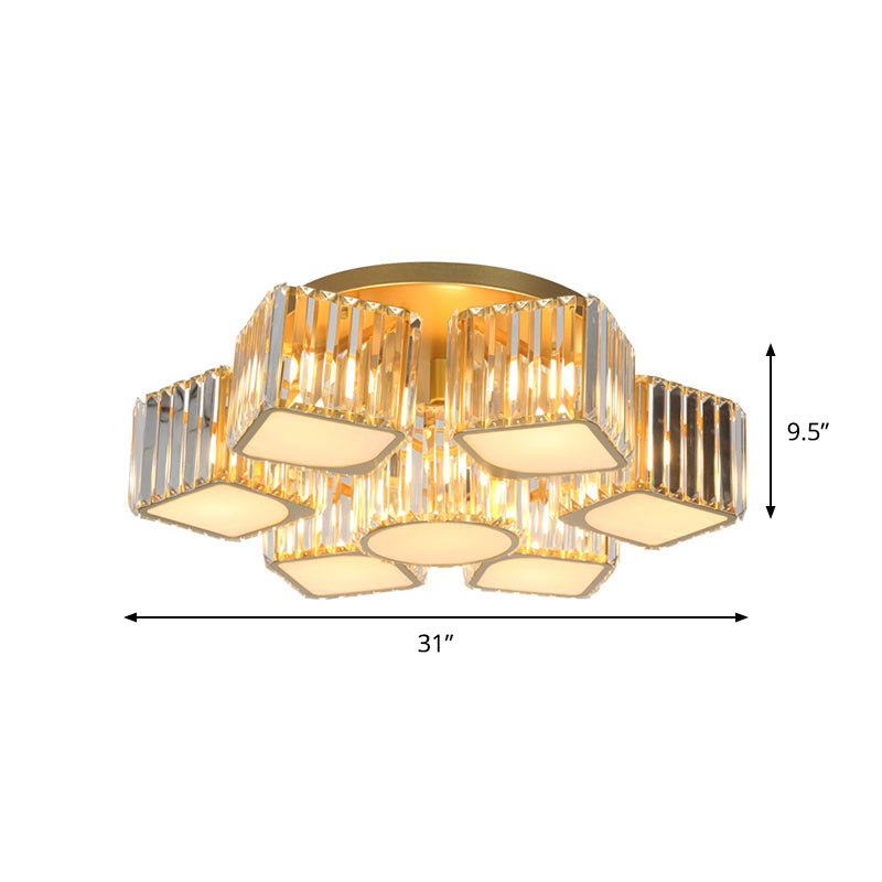 5/7-Head Semi Flush Mount Light with Shell/Square Shade Crystal Modernism Dining Room Ceiling Light Fixture in Gold Clearhalo 'Ceiling Lights' 'Close To Ceiling Lights' 'Close to ceiling' 'Semi-flushmount' Lighting' 915824