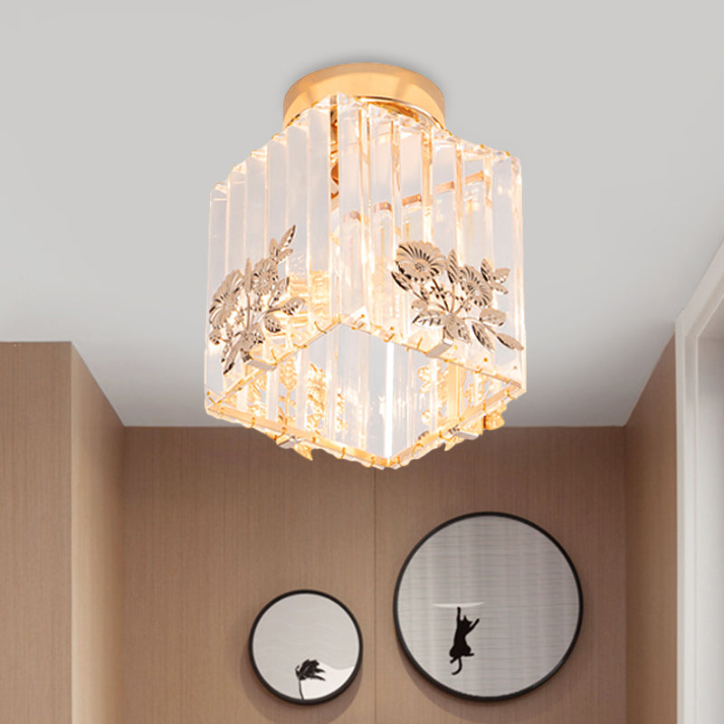 Cube Shape Semi Flush Light Fixture Nordic 1-Bulb Carved Crystal Ceiling Mounted Light in Gold Gold Clearhalo 'Ceiling Lights' 'Close To Ceiling Lights' 'Close to ceiling' 'Semi-flushmount' Lighting' 915841