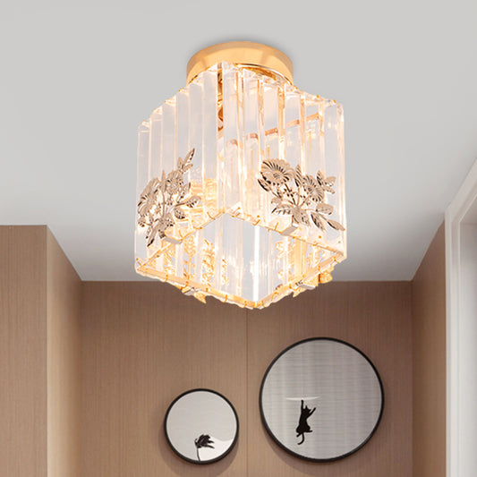 Cube Shape Semi Flush Light Fixture Nordic 1-Bulb Carved Crystal Ceiling Mounted Light in Gold Gold Clearhalo 'Ceiling Lights' 'Close To Ceiling Lights' 'Close to ceiling' 'Semi-flushmount' Lighting' 915841