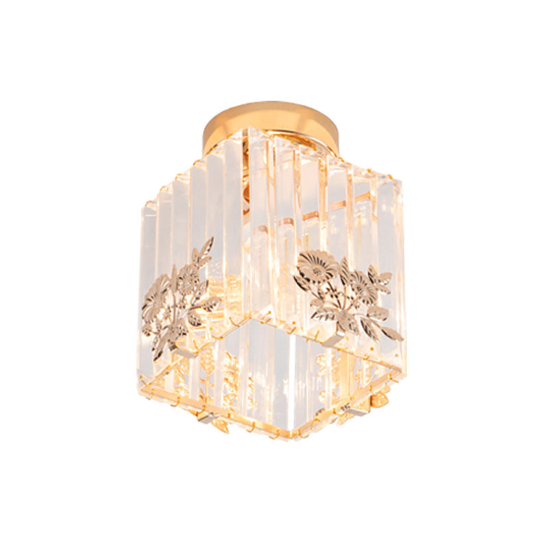 Cube Shape Semi Flush Light Fixture Nordic 1-Bulb Carved Crystal Ceiling Mounted Light in Gold Clearhalo 'Ceiling Lights' 'Close To Ceiling Lights' 'Close to ceiling' 'Semi-flushmount' Lighting' 915842