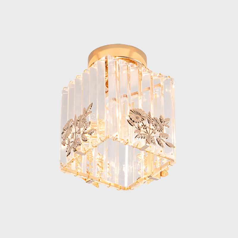 Cube Shape Semi Flush Light Fixture Nordic 1-Bulb Carved Crystal Ceiling Mounted Light in Gold Clearhalo 'Ceiling Lights' 'Close To Ceiling Lights' 'Close to ceiling' 'Semi-flushmount' Lighting' 915843