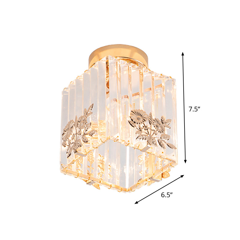 Cube Shape Semi Flush Light Fixture Nordic 1-Bulb Carved Crystal Ceiling Mounted Light in Gold Clearhalo 'Ceiling Lights' 'Close To Ceiling Lights' 'Close to ceiling' 'Semi-flushmount' Lighting' 915844