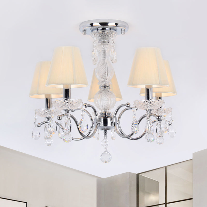 Cone Semi Flush Lamp Modernism 5-Head Crystal Ceiling Light Fixture in Nickle with Fabric Shade and Swirled Arm Chrome Clearhalo 'Ceiling Lights' 'Close To Ceiling Lights' 'Close to ceiling' 'Semi-flushmount' Lighting' 915845