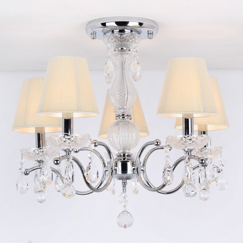 Cone Semi Flush Lamp Modernism 5-Head Crystal Ceiling Light Fixture in Nickle with Fabric Shade and Swirled Arm Clearhalo 'Ceiling Lights' 'Close To Ceiling Lights' 'Close to ceiling' 'Semi-flushmount' Lighting' 915846