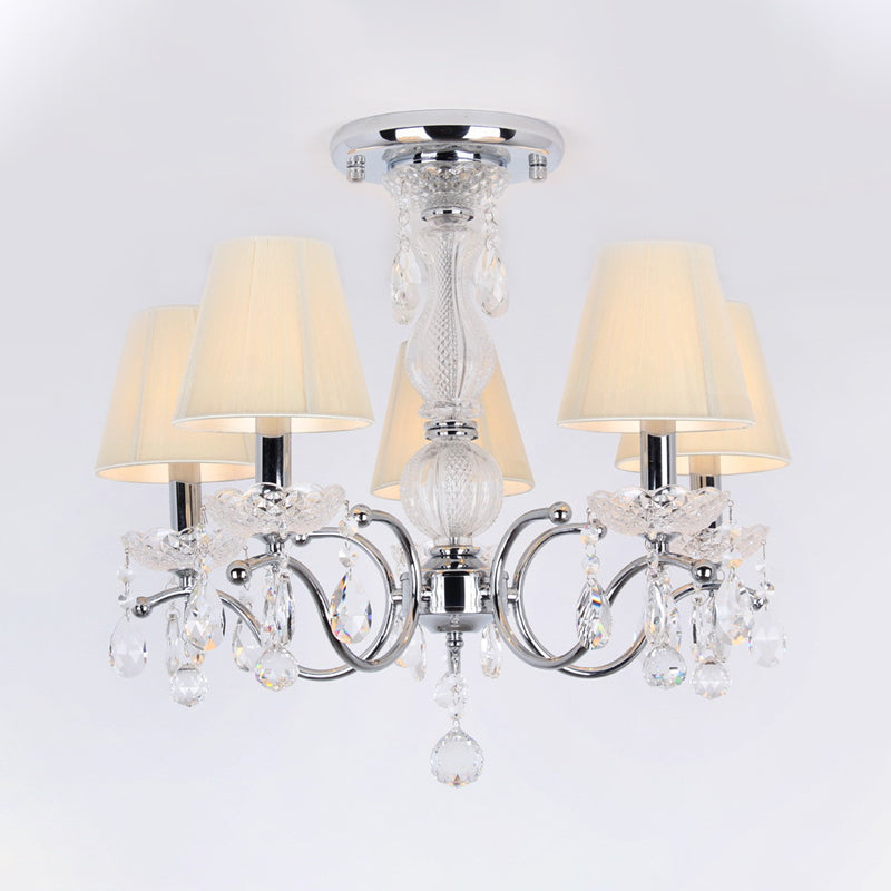 Cone Semi Flush Lamp Modernism 5-Head Crystal Ceiling Light Fixture in Nickle with Fabric Shade and Swirled Arm Clearhalo 'Ceiling Lights' 'Close To Ceiling Lights' 'Close to ceiling' 'Semi-flushmount' Lighting' 915847