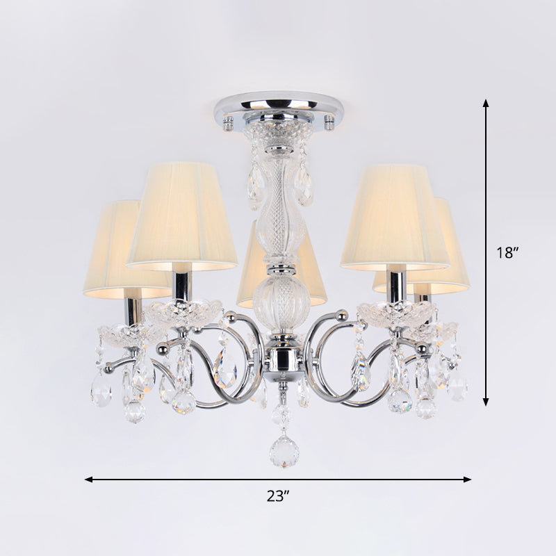 Cone Semi Flush Lamp Modernism 5-Head Crystal Ceiling Light Fixture in Nickle with Fabric Shade and Swirled Arm Clearhalo 'Ceiling Lights' 'Close To Ceiling Lights' 'Close to ceiling' 'Semi-flushmount' Lighting' 915848