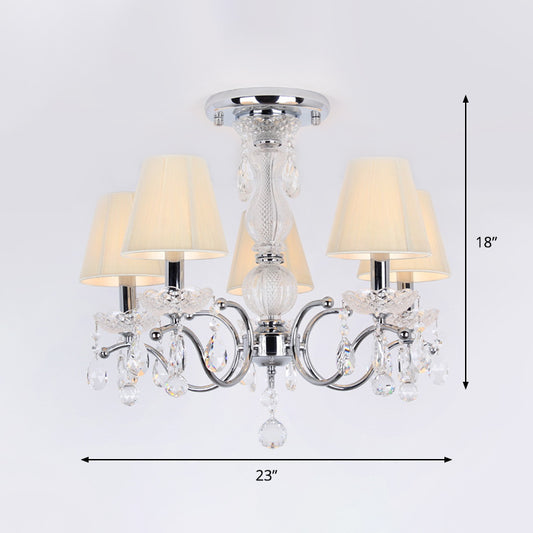 Cone Semi Flush Lamp Modernism 5-Head Crystal Ceiling Light Fixture in Nickle with Fabric Shade and Swirled Arm Clearhalo 'Ceiling Lights' 'Close To Ceiling Lights' 'Close to ceiling' 'Semi-flushmount' Lighting' 915848