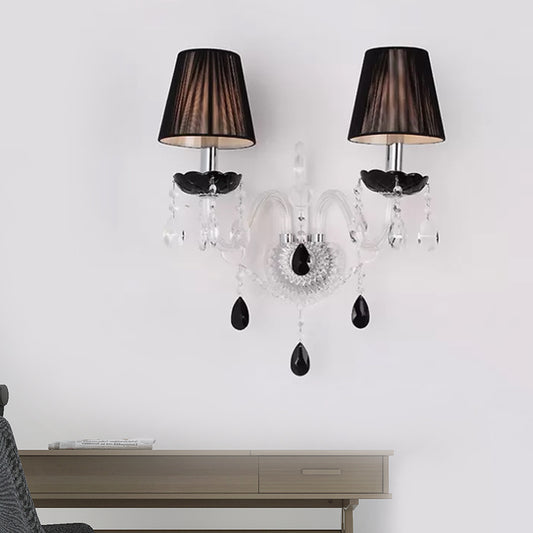 2-Head Pleated Linen Shade Wall Sconce Light European Black Crystal Wall Mount Light Fixture Black Clearhalo 'Modern wall lights' 'Modern' 'Wall Lamps & Sconces' 'Wall Lights' Lighting' 915849