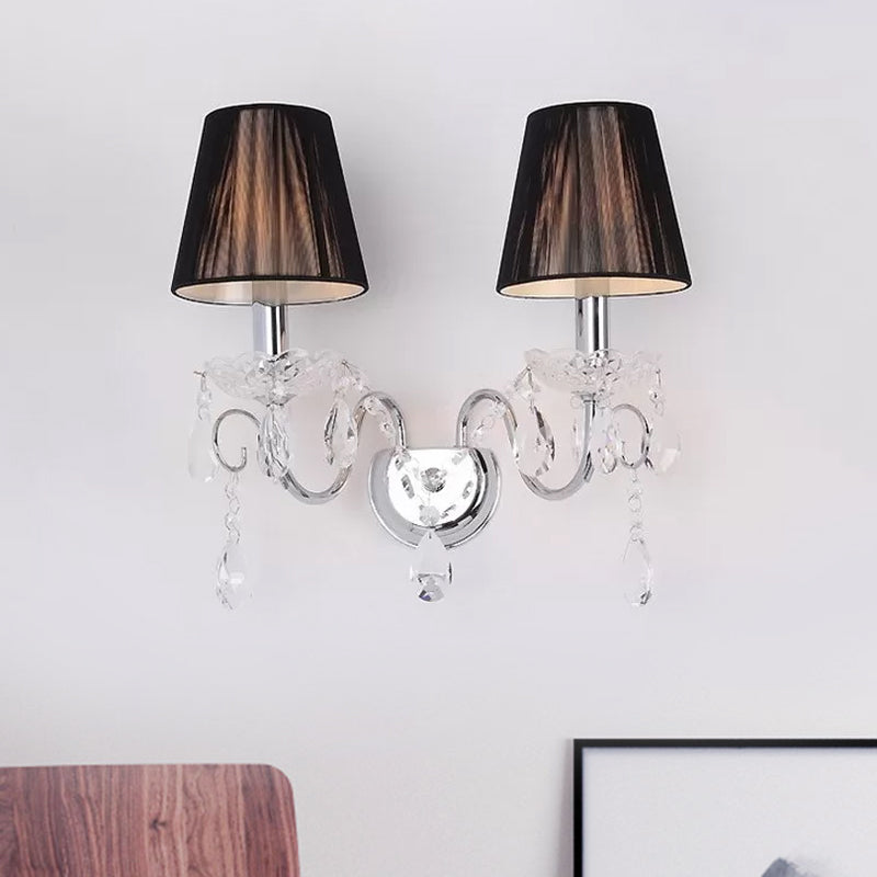 Gathered Fabric Shade Sconce Contemporary 2 Bulbs Crystal Wall Light Fixture for Living Room in Black Black Clearhalo 'Modern wall lights' 'Modern' 'Wall Lamps & Sconces' 'Wall Lights' Lighting' 915853