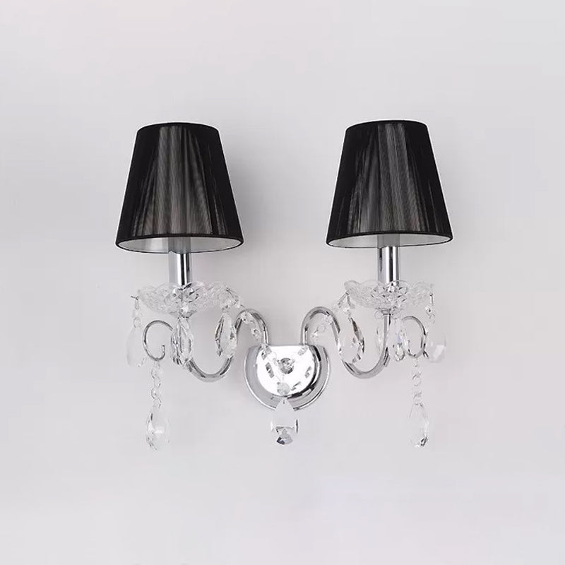 Gathered Fabric Shade Sconce Contemporary 2 Bulbs Crystal Wall Light Fixture for Living Room in Black Clearhalo 'Modern wall lights' 'Modern' 'Wall Lamps & Sconces' 'Wall Lights' Lighting' 915855