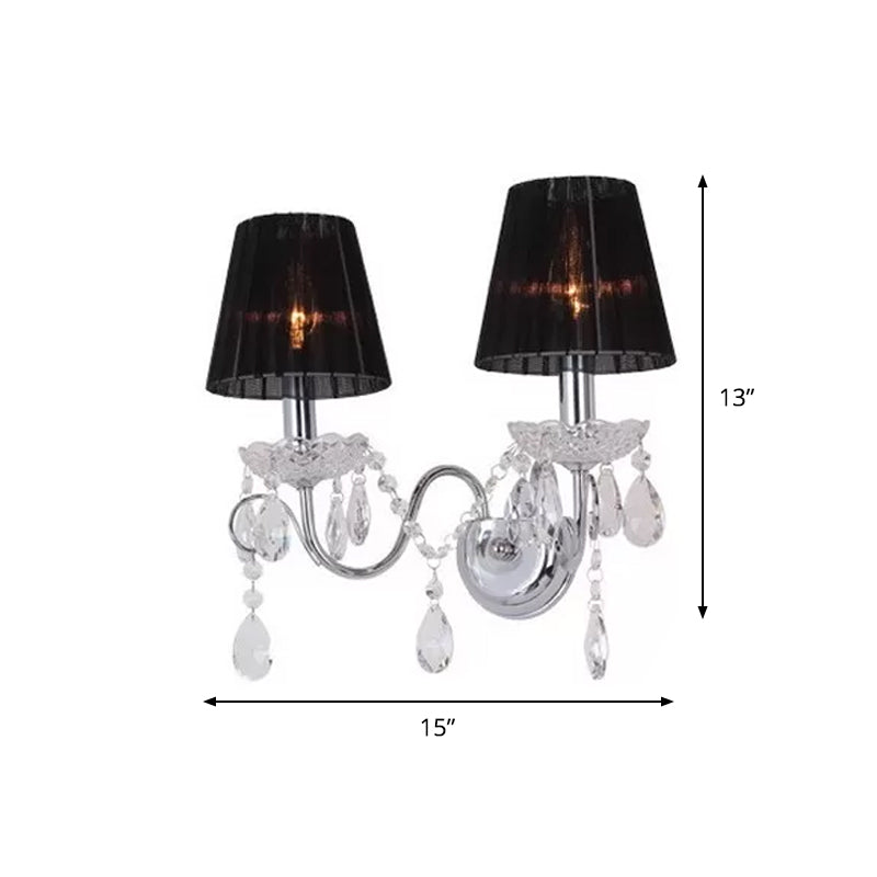 Gathered Fabric Shade Sconce Contemporary 2 Bulbs Crystal Wall Light Fixture for Living Room in Black Clearhalo 'Modern wall lights' 'Modern' 'Wall Lamps & Sconces' 'Wall Lights' Lighting' 915856
