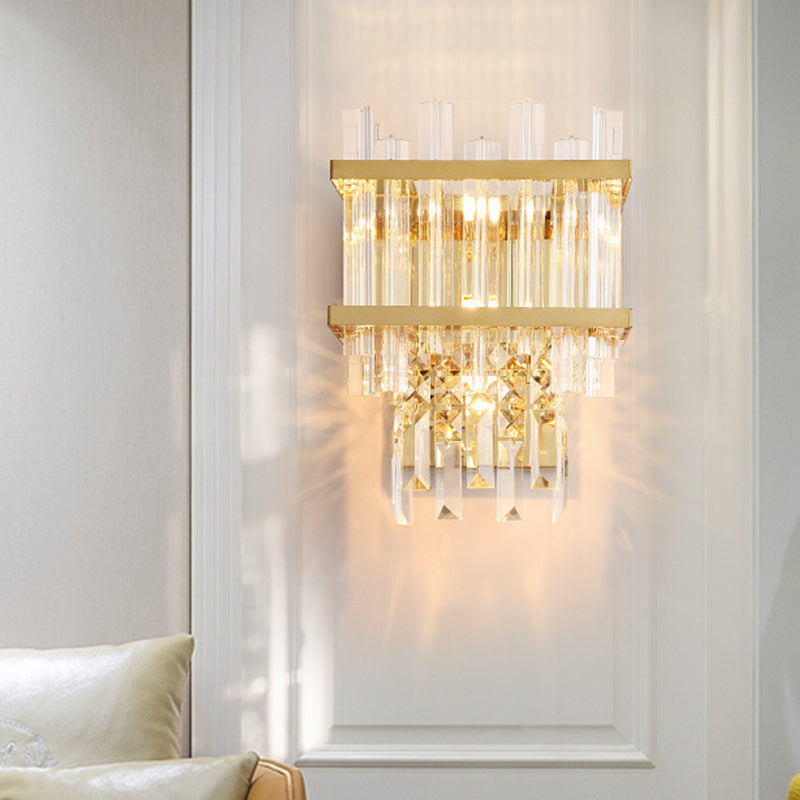 3 Lights Wall Light Sconce with Cube Shade Post Modern Living Room Gold Crystal Rod Wall Mount Lighting Gold Clearhalo 'Cast Iron' 'Glass' 'Industrial' 'Modern wall lights' 'Modern' 'Tiffany' 'Traditional wall lights' 'Wall Lamps & Sconces' 'Wall Lights' Lighting' 915857