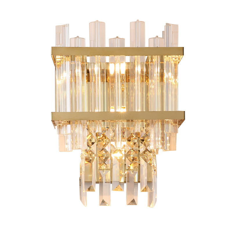 3 Lights Wall Light Sconce with Cube Shade Post Modern Living Room Gold Crystal Rod Wall Mount Lighting Clearhalo 'Cast Iron' 'Glass' 'Industrial' 'Modern wall lights' 'Modern' 'Tiffany' 'Traditional wall lights' 'Wall Lamps & Sconces' 'Wall Lights' Lighting' 915858