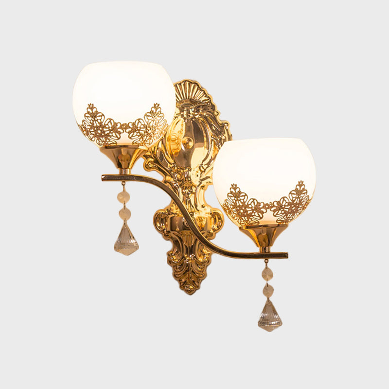 Crystal Bowl Sconce Light Fixture Post Modern 2 Bulbs Wall Lighting Idea in Gold Clearhalo 'Modern wall lights' 'Modern' 'Wall Lamps & Sconces' 'Wall Lights' Lighting' 915875
