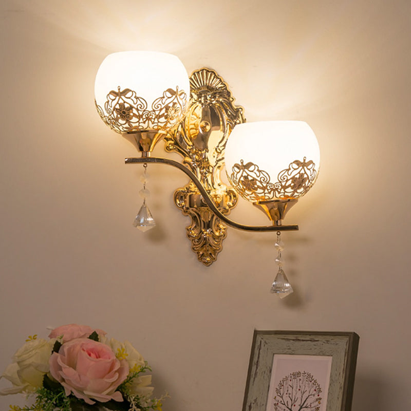 Contemporary Dome Wall Sconce Lighting Crystal 2 Lights Wall Mounted Lamp with Swirled Arm in Gold Gold Clearhalo 'Modern wall lights' 'Modern' 'Wall Lamps & Sconces' 'Wall Lights' Lighting' 915877