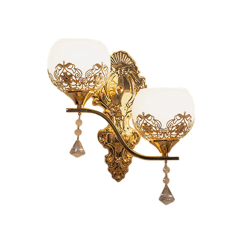 Contemporary Dome Wall Sconce Lighting Crystal 2 Lights Wall Mounted Lamp with Swirled Arm in Gold Clearhalo 'Modern wall lights' 'Modern' 'Wall Lamps & Sconces' 'Wall Lights' Lighting' 915878