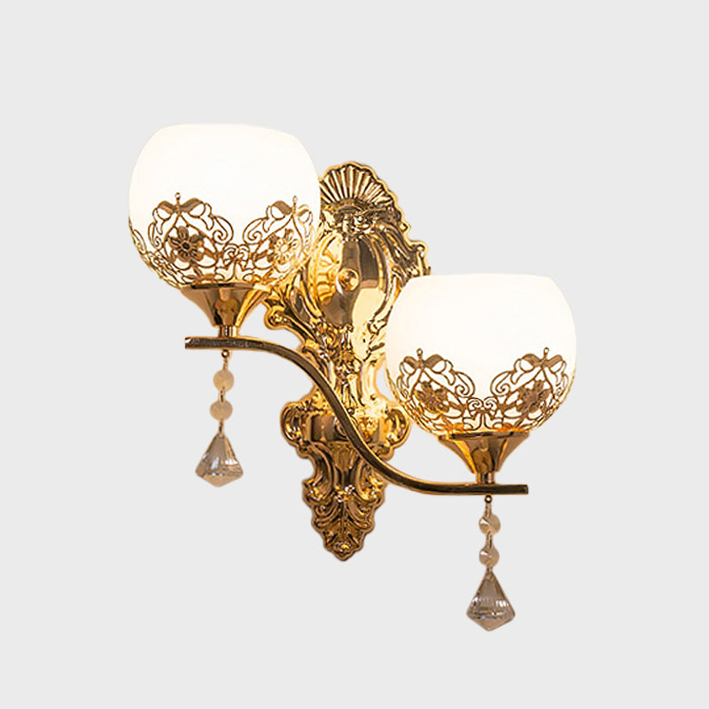 Contemporary Dome Wall Sconce Lighting Crystal 2 Lights Wall Mounted Lamp with Swirled Arm in Gold Clearhalo 'Modern wall lights' 'Modern' 'Wall Lamps & Sconces' 'Wall Lights' Lighting' 915879