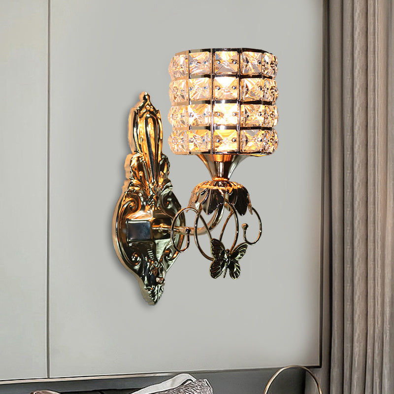 1-Light Metal Wall Light Fixture Modernism Cylinder Living Room Pendant Light with Crystal Shade Gold A Clearhalo 'Cast Iron' 'Glass' 'Industrial' 'Modern wall lights' 'Modern' 'Tiffany' 'Traditional wall lights' 'Wall Lamps & Sconces' 'Wall Lights' Lighting' 915881