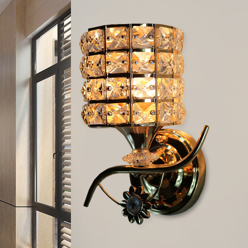1-Light Metal Wall Light Fixture Modernism Cylinder Living Room Pendant Light with Crystal Shade Gold B Clearhalo 'Cast Iron' 'Glass' 'Industrial' 'Modern wall lights' 'Modern' 'Tiffany' 'Traditional wall lights' 'Wall Lamps & Sconces' 'Wall Lights' Lighting' 915885