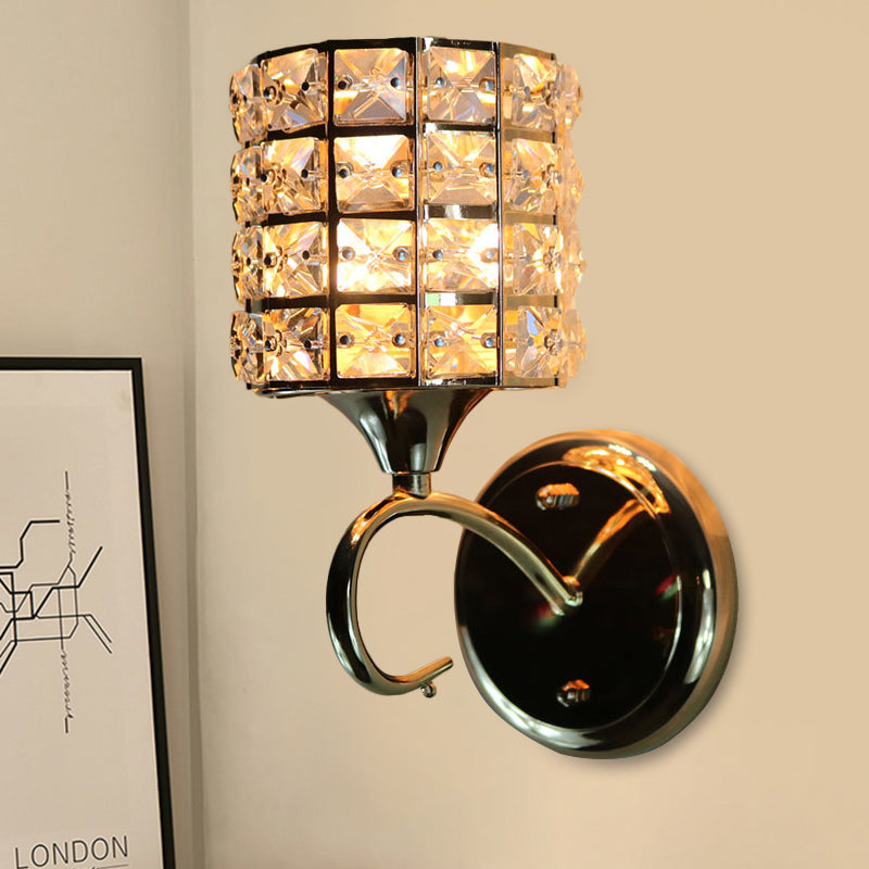 1-Light Metal Wall Light Fixture Modernism Cylinder Living Room Pendant Light with Crystal Shade Gold C Clearhalo 'Cast Iron' 'Glass' 'Industrial' 'Modern wall lights' 'Modern' 'Tiffany' 'Traditional wall lights' 'Wall Lamps & Sconces' 'Wall Lights' Lighting' 915890