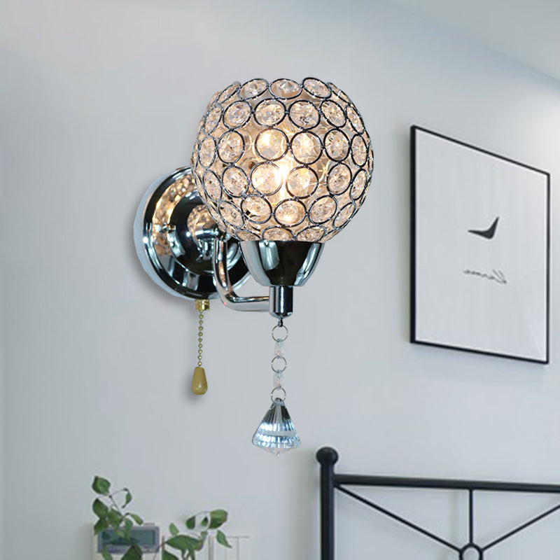 1-Bulb Bowl Wall Light Fixture Modernist Nickle Faceted Clear Glass Sconce Light Fixture Chrome Clearhalo 'Cast Iron' 'Glass' 'Industrial' 'Modern wall lights' 'Modern' 'Tiffany' 'Traditional wall lights' 'Wall Lamps & Sconces' 'Wall Lights' Lighting' 915913