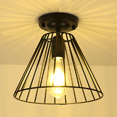 Conical Metallic Semi Flush Light with Cage Shade Industrial 1 Bulb Indoor Semi Flush Mount Light in Black Black Clearhalo 'Ceiling Lights' 'Close To Ceiling Lights' 'Close to ceiling' 'Semi-flushmount' Lighting' 91594