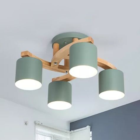 Cylinder Shade Cloth Shop Ceiling Lamp Metal 4 Lights Nordic Style Semi Flushmount Light in Green Green Clearhalo 'Ceiling Lights' 'Close To Ceiling Lights' 'Close to ceiling' 'Semi-flushmount' Lighting' 91597