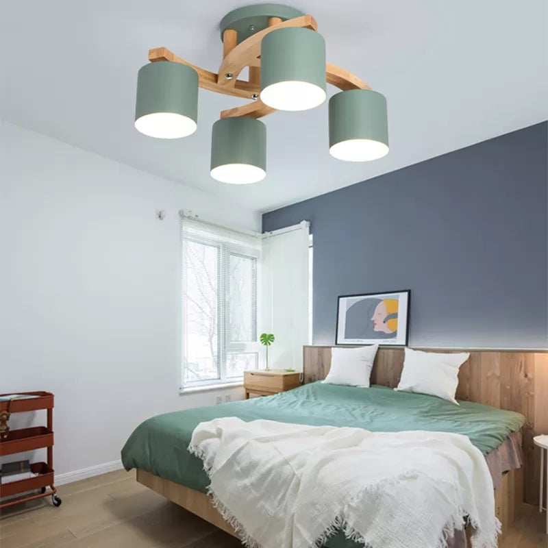 Cylinder Shade Cloth Shop Ceiling Lamp Metal 4 Lights Nordic Style Semi Flushmount Light in Green Clearhalo 'Ceiling Lights' 'Close To Ceiling Lights' 'Close to ceiling' 'Semi-flushmount' Lighting' 91599