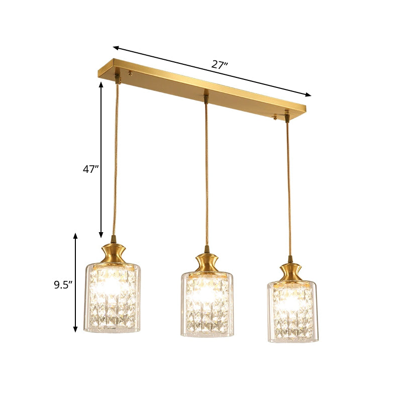 Cylinder Faceted Crystal Multi-Light Pendant Modernist 3 Heads Gold Hanging Lamp with Clear Glass Shade Clearhalo 'Ceiling Lights' 'Close To Ceiling Lights' 'Glass shade' 'Glass' 'Modern Pendants' 'Modern' 'Pendant Lights' 'Pendants' Lighting' 916250