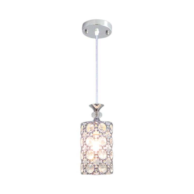 1 Head Dining Room Hanging Lighting Modern Silver Pendulum Lamp with Cylinder Crystal Encrusted Shade Clearhalo 'Ceiling Lights' 'Modern Pendants' 'Modern' 'Pendant Lights' 'Pendants' Lighting' 916257