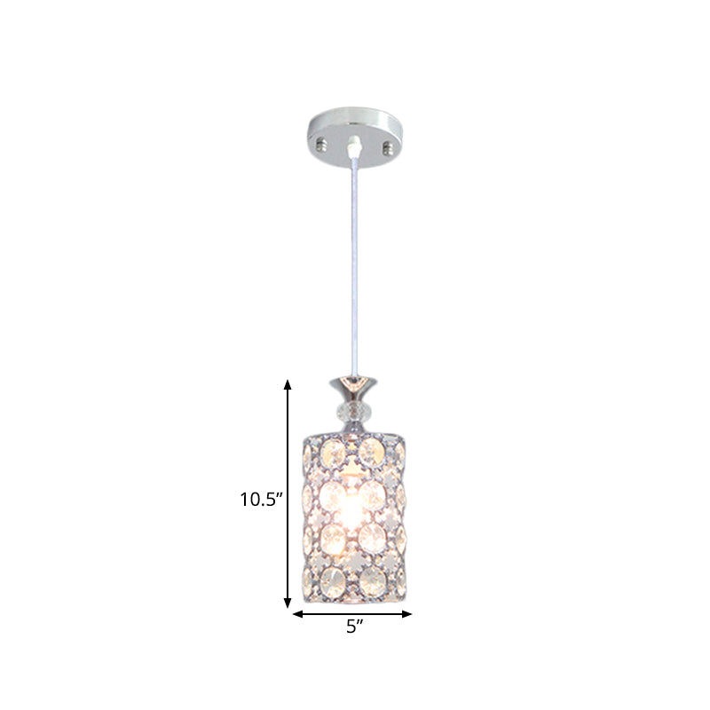 1 Head Dining Room Hanging Lighting Modern Silver Pendulum Lamp with Cylinder Crystal Encrusted Shade Clearhalo 'Ceiling Lights' 'Modern Pendants' 'Modern' 'Pendant Lights' 'Pendants' Lighting' 916258