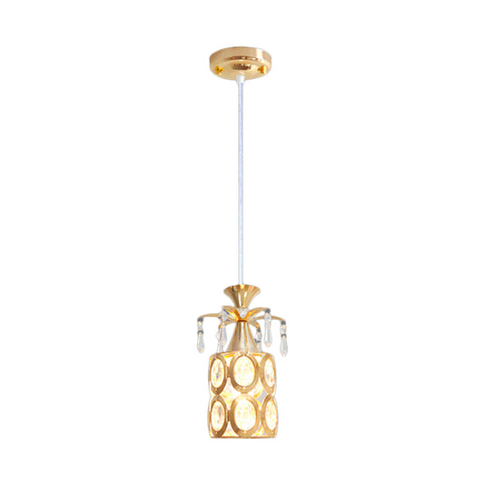 Gold Cylindrical Suspension Light Modernism 1-Light Crystal Embedded Hanging Pendant Clearhalo 'Ceiling Lights' 'Modern Pendants' 'Modern' 'Pendant Lights' 'Pendants' Lighting' 916268