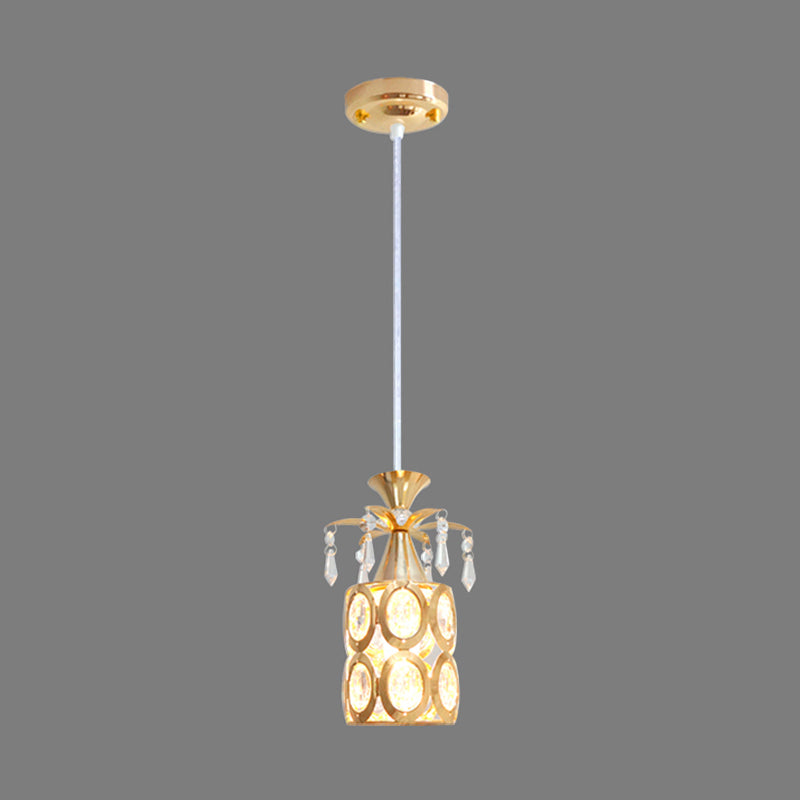 Gold Cylindrical Suspension Light Modernism 1-Light Crystal Embedded Hanging Pendant Clearhalo 'Ceiling Lights' 'Modern Pendants' 'Modern' 'Pendant Lights' 'Pendants' Lighting' 916269