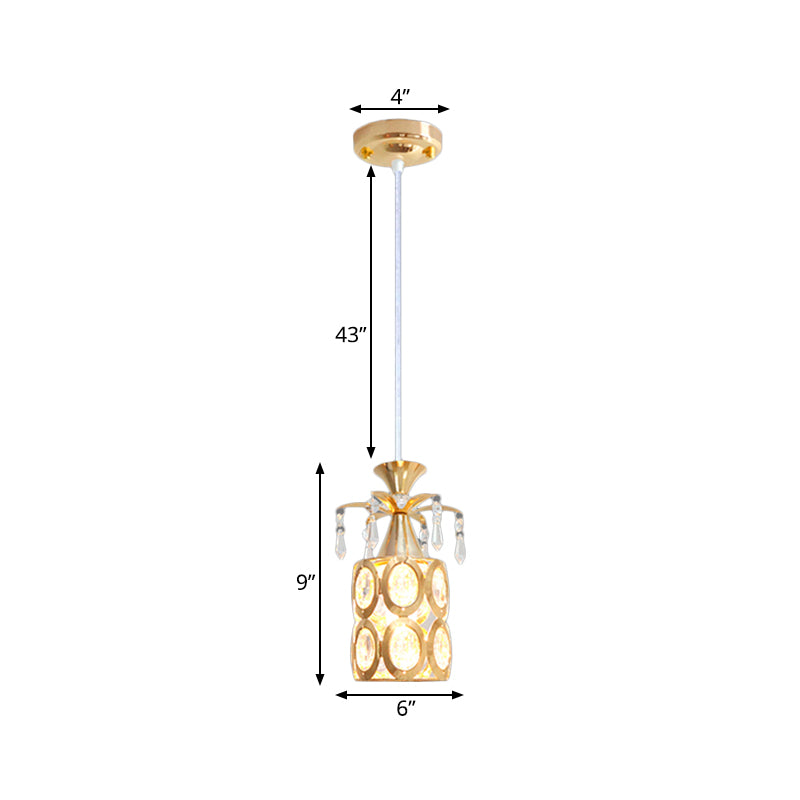 Gold Cylindrical Suspension Light Modernism 1-Light Crystal Embedded Hanging Pendant Clearhalo 'Ceiling Lights' 'Modern Pendants' 'Modern' 'Pendant Lights' 'Pendants' Lighting' 916270