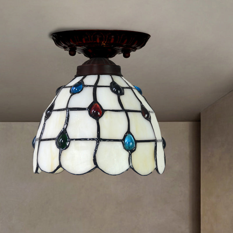 Bell/Globe Flush Light Fixture Tiffany White Grid Glass Single Beige Flush Mount Ceiling Light with Jewels Beige Bell Clearhalo 'Ceiling Lights' 'Close To Ceiling Lights' 'Close to ceiling' 'Flush mount' Lighting' 916311