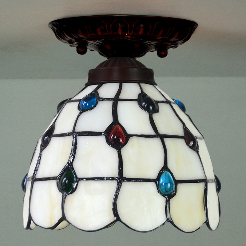 Bell/Globe Flush Light Fixture Tiffany White Grid Glass Single Beige Flush Mount Ceiling Light with Jewels Clearhalo 'Ceiling Lights' 'Close To Ceiling Lights' 'Close to ceiling' 'Flush mount' Lighting' 916312