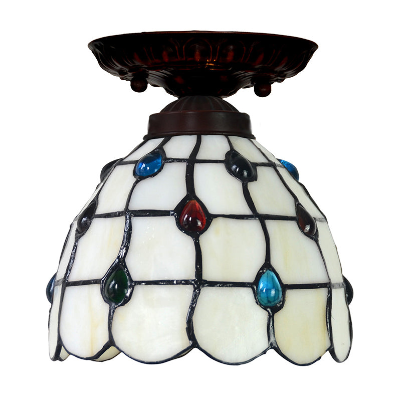 Bell/Globe Flush Light Fixture Tiffany White Grid Glass Single Beige Flush Mount Ceiling Light with Jewels Clearhalo 'Ceiling Lights' 'Close To Ceiling Lights' 'Close to ceiling' 'Flush mount' Lighting' 916313