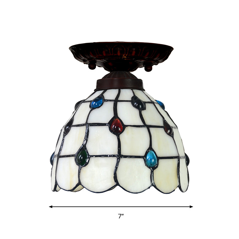 Bell/Globe Flush Light Fixture Tiffany White Grid Glass Single Beige Flush Mount Ceiling Light with Jewels Clearhalo 'Ceiling Lights' 'Close To Ceiling Lights' 'Close to ceiling' 'Flush mount' Lighting' 916314